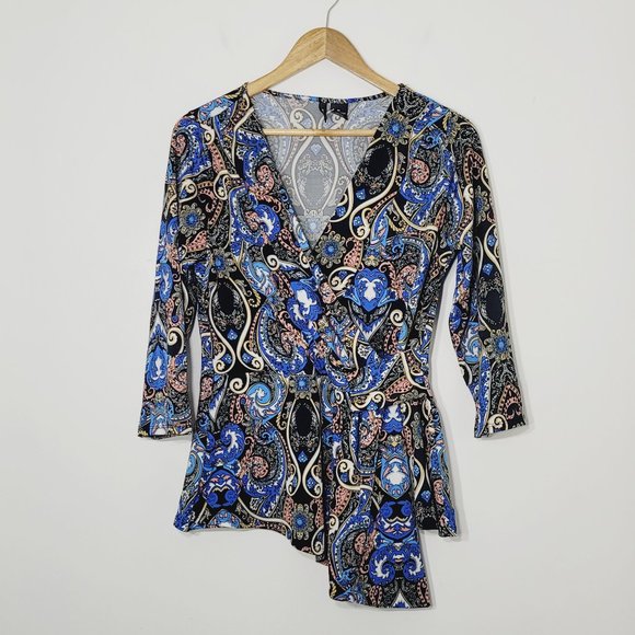 New Directions Blouse Shirt Top Multicolor Stretch Paisley Print V-Neckline Med - Picture 1 of 8